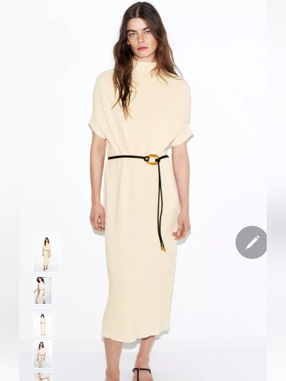 Cream Midi Dress with Belted Waist
